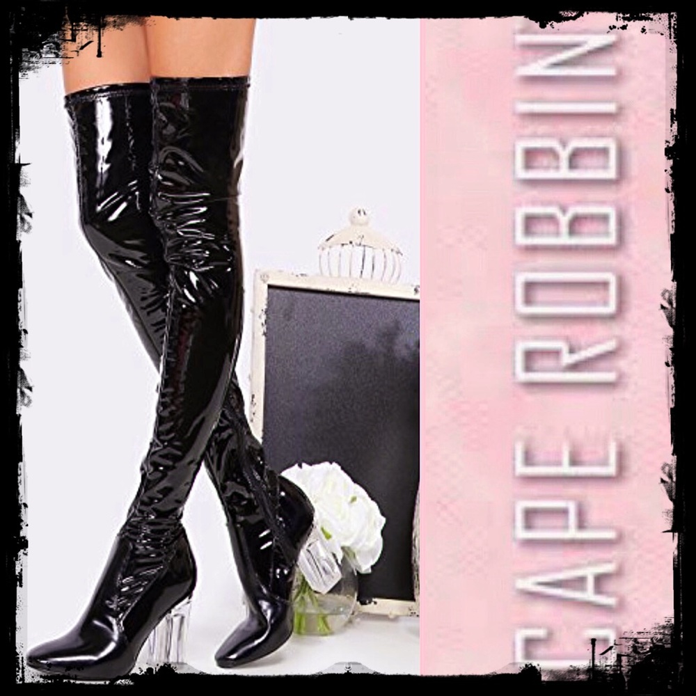 CAPE ROBBIN Patent Lucite Heel Thigh High Boots